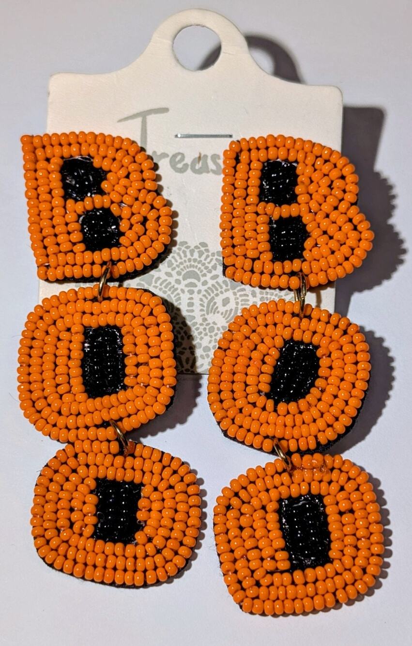 Halloween Beaded BOO Pierced Earrings 3" Orange Black Dangle Holiday Seed Bead